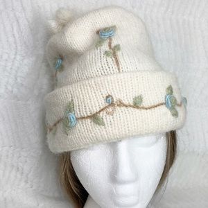 Neckworks Hand Knit Alpaca PomPom Beanie Embroidered NEW